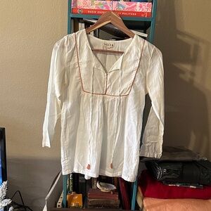 White Long Sleeve Cotton Blouse with Copper Trim